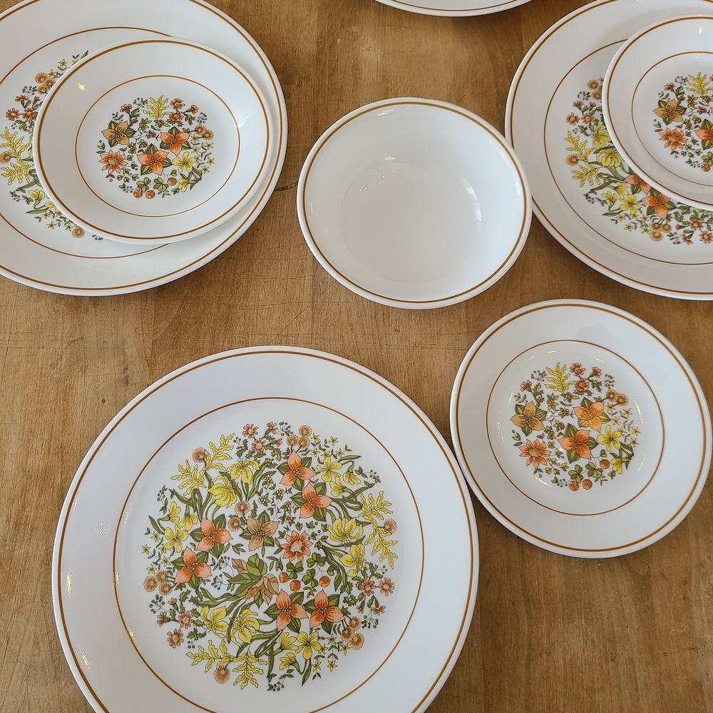 Corelle White Dinnerware Set with Orange and Yellow Floral Pattern
